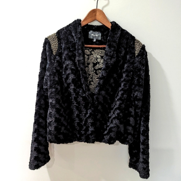 Miss Me Black Faux Fur Beaded Shoulder Jacket Coat - Picture 1 of 4